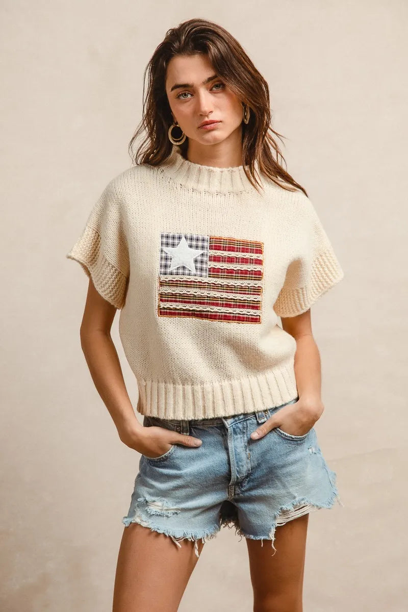 BiBi American Flag Patchwork Drop Shoulder Sweater - kinko