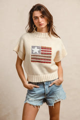 BiBi American Flag Patchwork Drop Shoulder Sweater - kinko