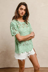 BiBi Openwork Crochet Short Sleeve Knit Top - kinko