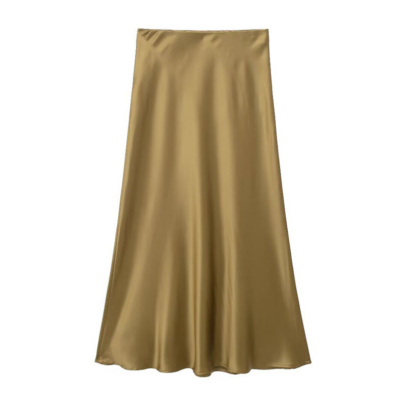 Solid Color Slim Silk Satin Texture Midi Skirt - kinko
