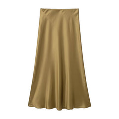 Solid Color Slim Silk Satin Texture Midi Skirt - kinko