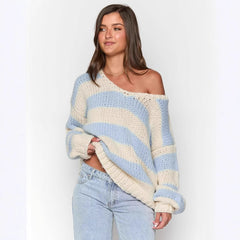 Fall Winter Fashion Casual Loose Knitted Sweater Oblique Shoulder
