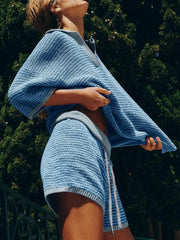 Collared Neck Contrast Striped Top and Shorts Sweater Set - kinko