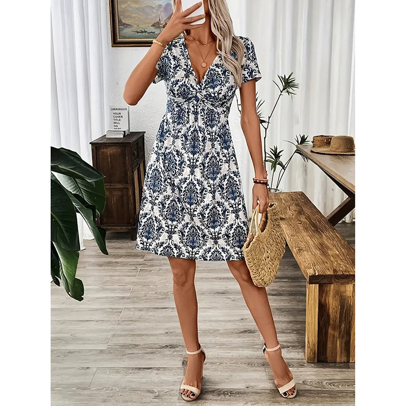 Women's Vibrant Leopard Print Twist Front V Neck Casual Summer Short Sleeve Bodycon Mini Dresses - kinko