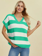 Double Take Full Size Striped V-Neck Short Sleeve Sweater - kinko