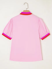 Contrast Trim Notched Short Sleeve Blouse - kinko