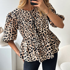 Women's Design Lace-up Bubble Sleeve Printed Blouse - kinko