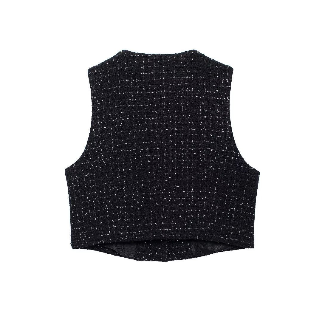Textured Sleeveless O-neck Short Tweed Sleeveless Waistcoat Outerwear - kinko