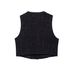 Textured Sleeveless O-neck Short Tweed Sleeveless Waistcoat Outerwear - kinko