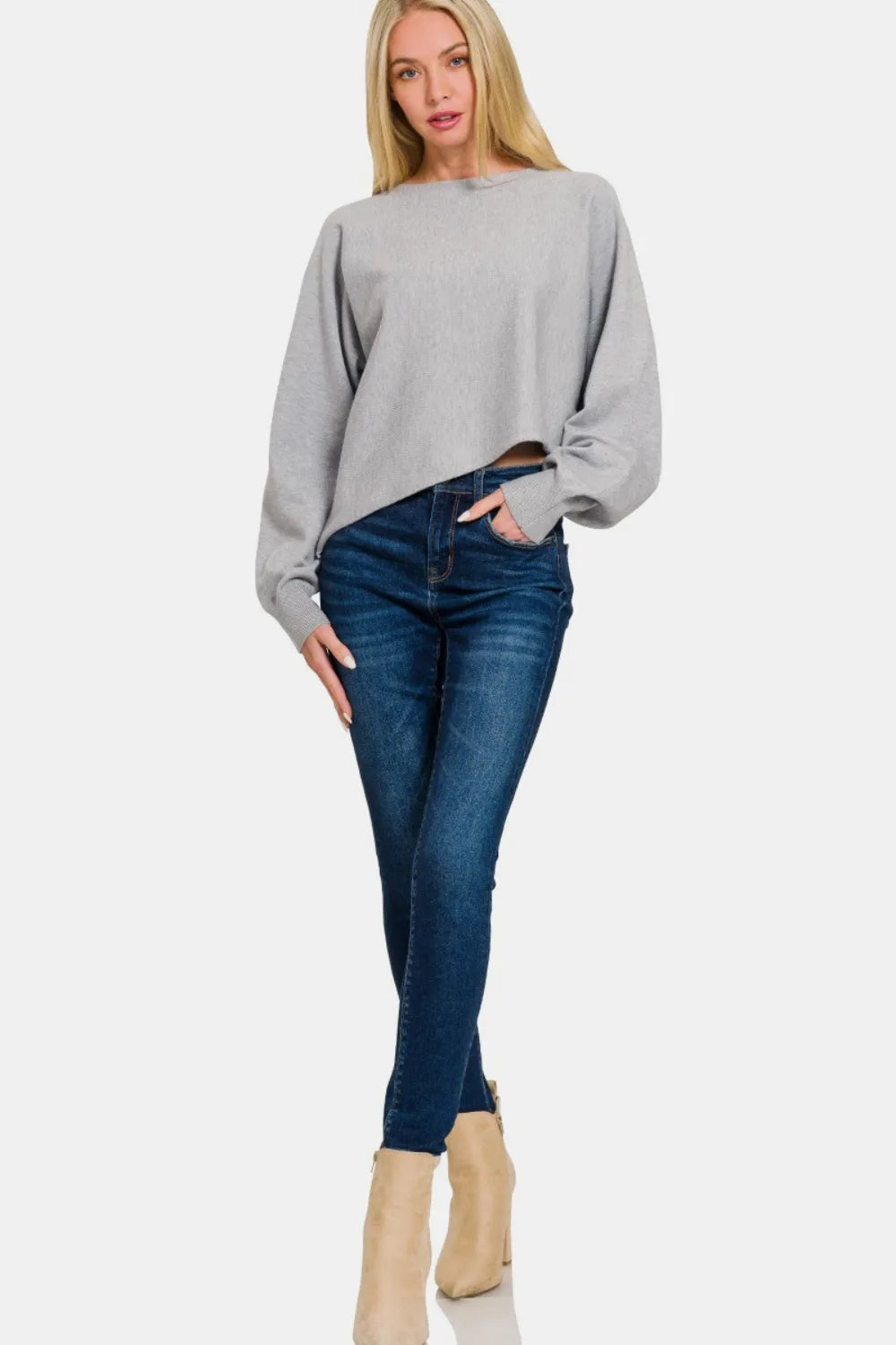 Zenana Asymmetric Hem Long Sleeve Sweater - kinko