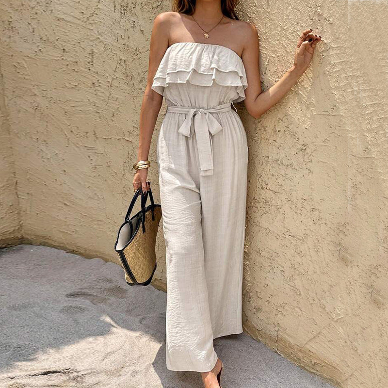 Women's Summer Sleeveless Tube Top Jumpsuit Ruffled Tied Jumpsuit - kinko