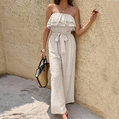 Women's Summer Sleeveless Tube Top Jumpsuit Ruffled Tied Jumpsuit - kinko