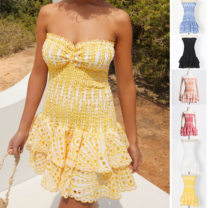 Y2K Tube Top Pleated Dress Ins Fashion Print A-line Short Dresses For Beach Party Clothing Women - kinko
