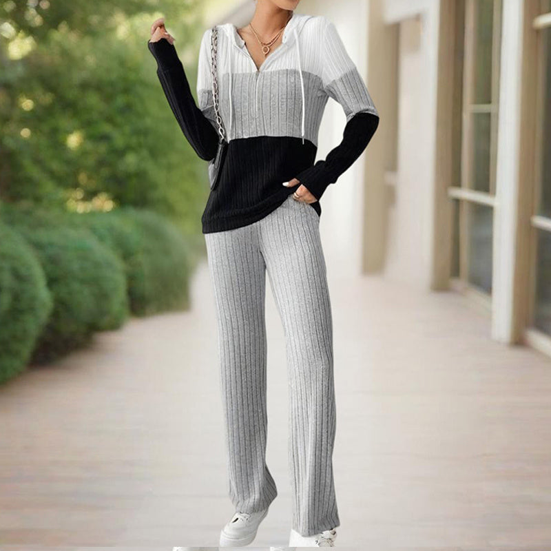 Women's Contracted Design Color-Block Hooded Sweatsuit Set - Long Sleeve Zip-Up Hoodie With Wide-Leg Lounge Pants - kinko