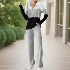 Women's Contracted Design Color-Block Hooded Sweatsuit Set - Long Sleeve Zip-Up Hoodie With Wide-Leg Lounge Pants - kinko