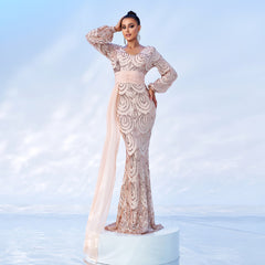 Long Sleeve Sexy Long Sequined V-neck Banquet Ribbon Evening Dress - kinko