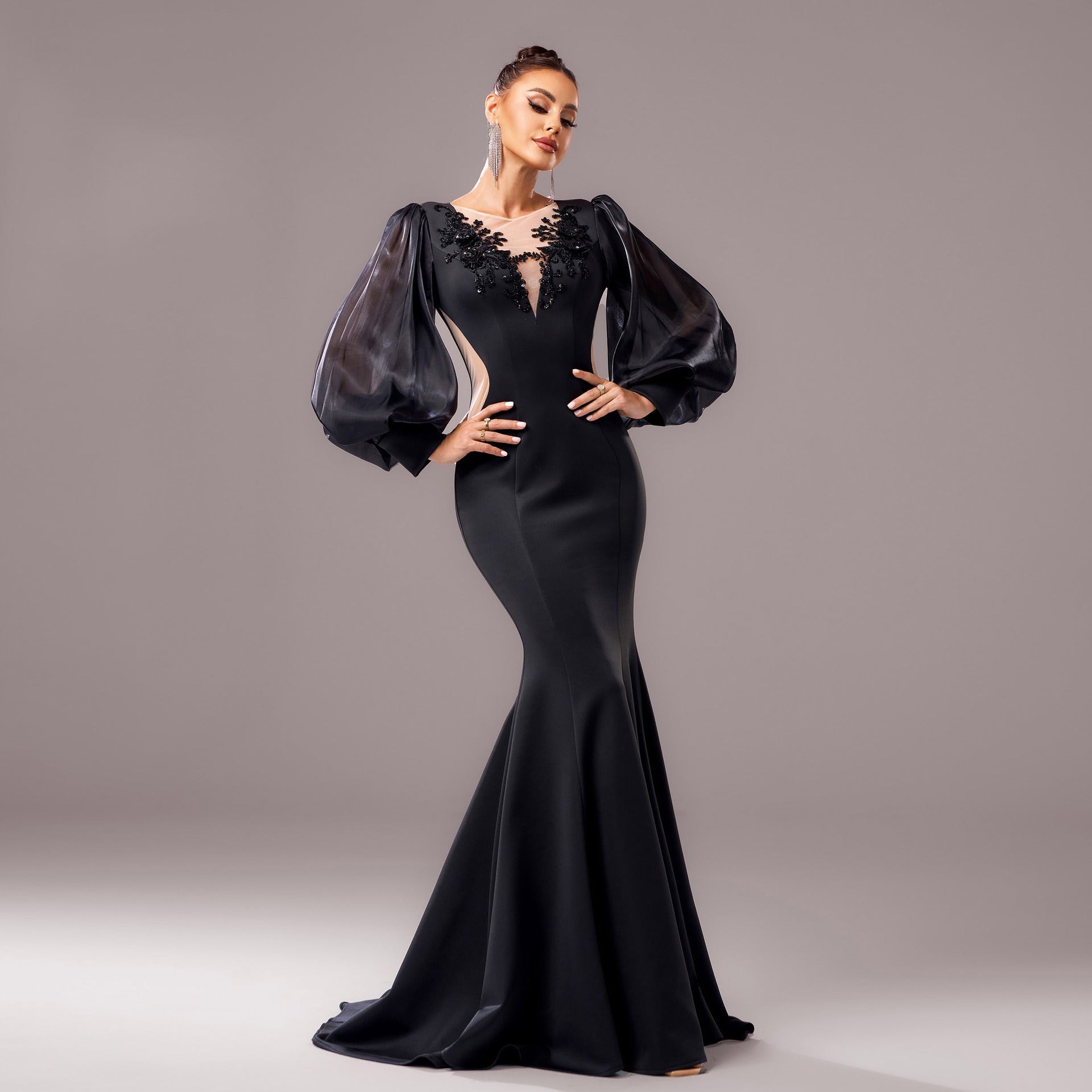 Long Sleeve Round Neck Banquet Applique Sheath Fishtail Dress - kinko