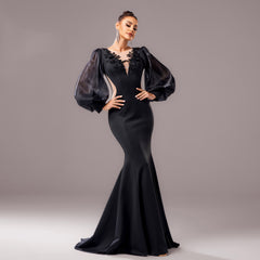 Long Sleeve Round Neck Banquet Applique Sheath Fishtail Dress - kinko