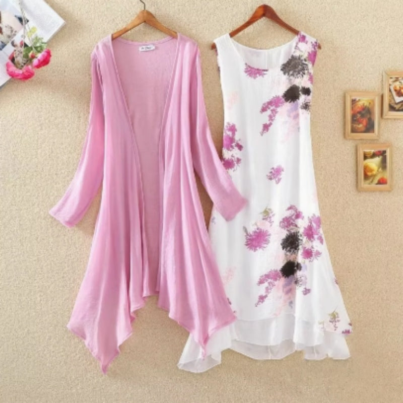 Long Sleeves Outer Match Shawl Mid-length Cotton And Linen Printed Irregular Dress - kinko