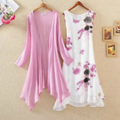 Long Sleeves Outer Match Shawl Mid-length Cotton And Linen Printed Irregular Dress - kinko