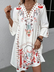 Lace Detail Printed Three-Quarter Sleeve Dress - kinko