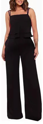 Sling Pure Color Ruffles Top Straight-leg Pants Fashion Suit - kinko