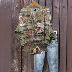 Women's Creative Printing Casual V-neck Lotus Sleeve T-shirt - kinko