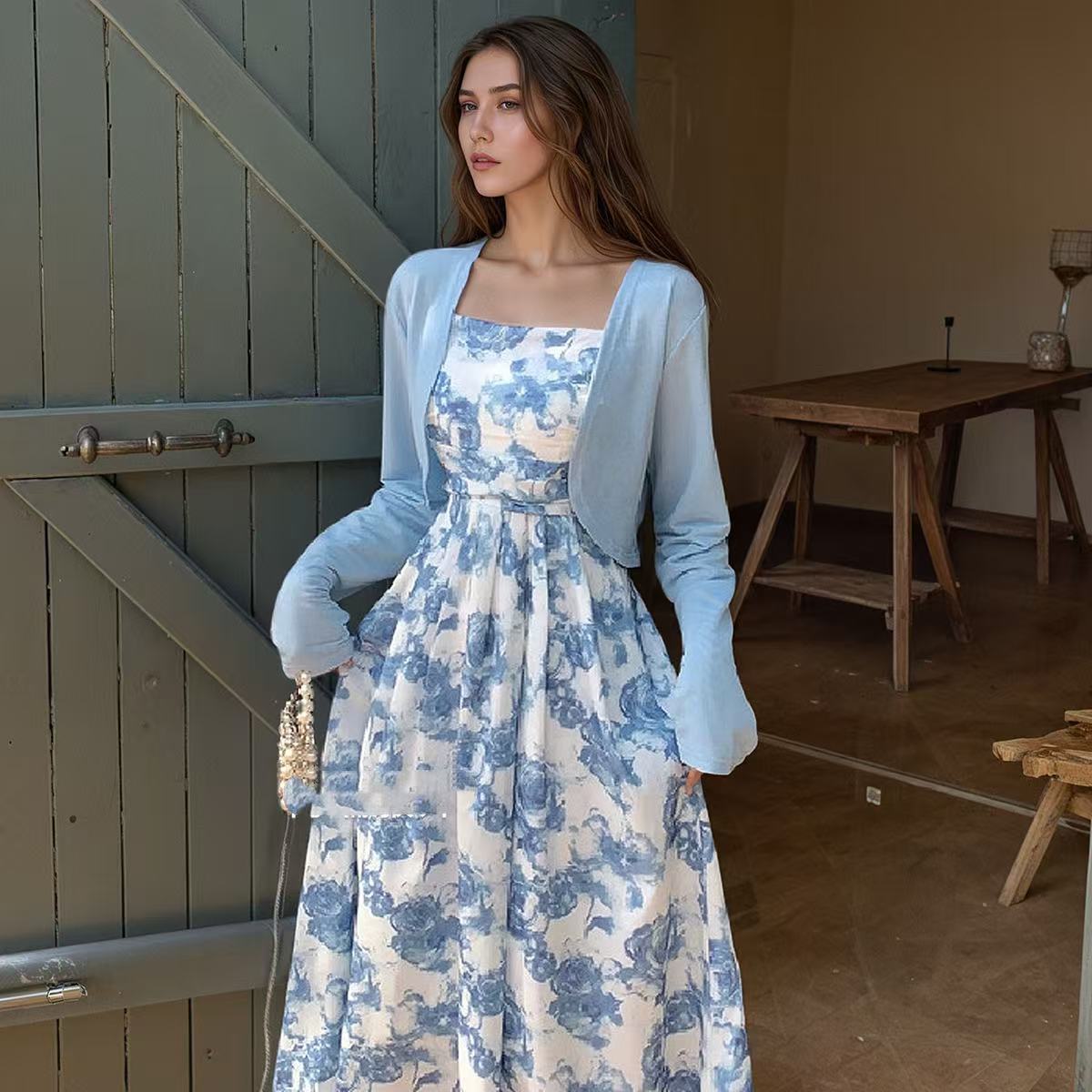 Forest Style Floral Skirt Long Sleeved Cardigan Wool Sweater - kinko