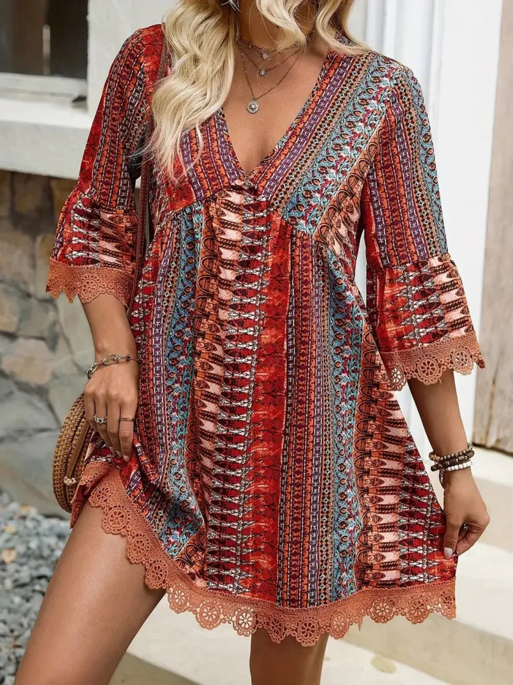 Lace Trim Printed V-Neck 3/4 Sleeve Dress - kinko