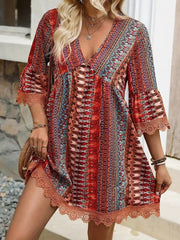 Lace Trim Printed V-Neck 3/4 Sleeve Dress - kinko