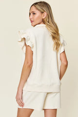 Double Take Full Size Texture Flounce Sleeve Top and Drawstring Shorts Set - kinko