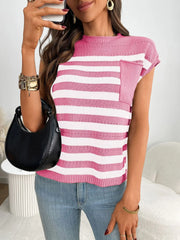 Striped Mock Neck Cap Sleeve Knit Top - kinko
