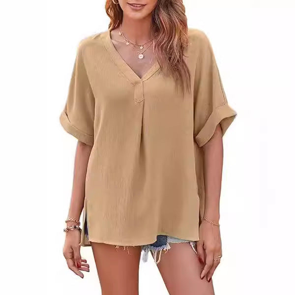 Spring And Summer Solid Color Short Sleeve Loose Blouse - kinko