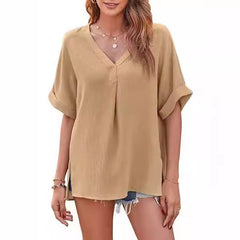 Spring And Summer Solid Color Short Sleeve Loose Blouse - kinko