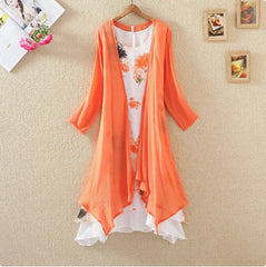 Long Sleeves Outer Match Shawl Mid-length Cotton And Linen Printed Irregular Dress - kinko