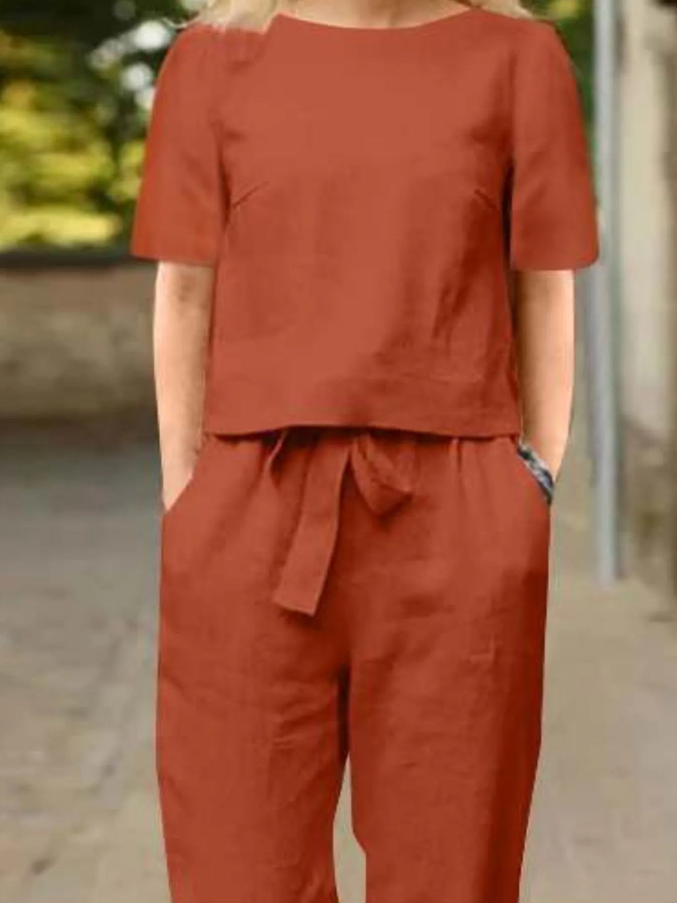 Full Size Round Neck Short Sleeve Top and Pants Set Plus Size - kinko