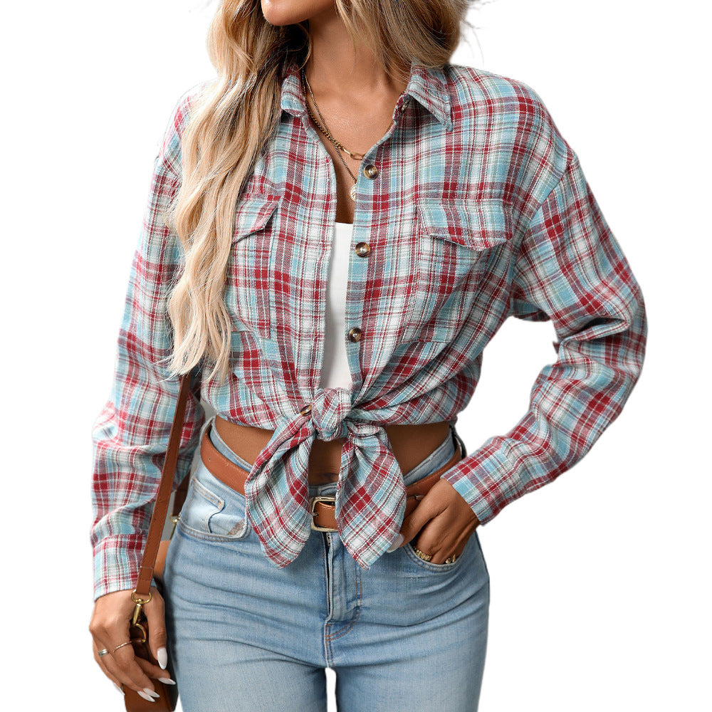 Casual Fashion Loose Plaid Pocket Shirt For Women - kinko