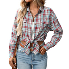Casual Fashion Loose Plaid Pocket Shirt For Women - kinko
