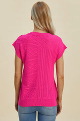 Double Take Full Size Cable-Knit Round Neck Cap Sleeve Sweater - kinko