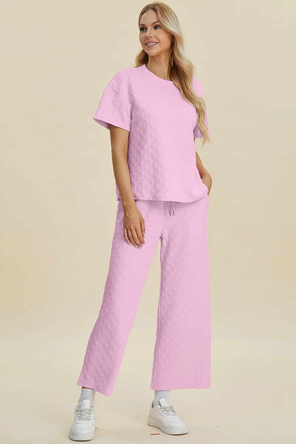 Double Take Full Size Texture Round Neck Short Sleeve Top and Pants Set - kinko