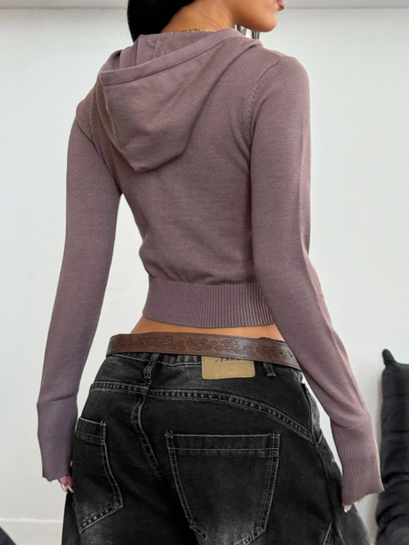 Drawstring Zip-Up Hooded Cardigan - kinko