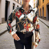 Women's Lapel Long Sleeve Shirt - Fitted Cut Intricate Print Button-Up Design Casual Spring&Fall Wear - kinko