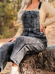 Vintage Washed Wide Leg Denim Overalls with Front Pockets - kinko