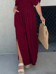 Full Size Deep V-Neck Maxi Dress with Side Slit Plus Size - kinko