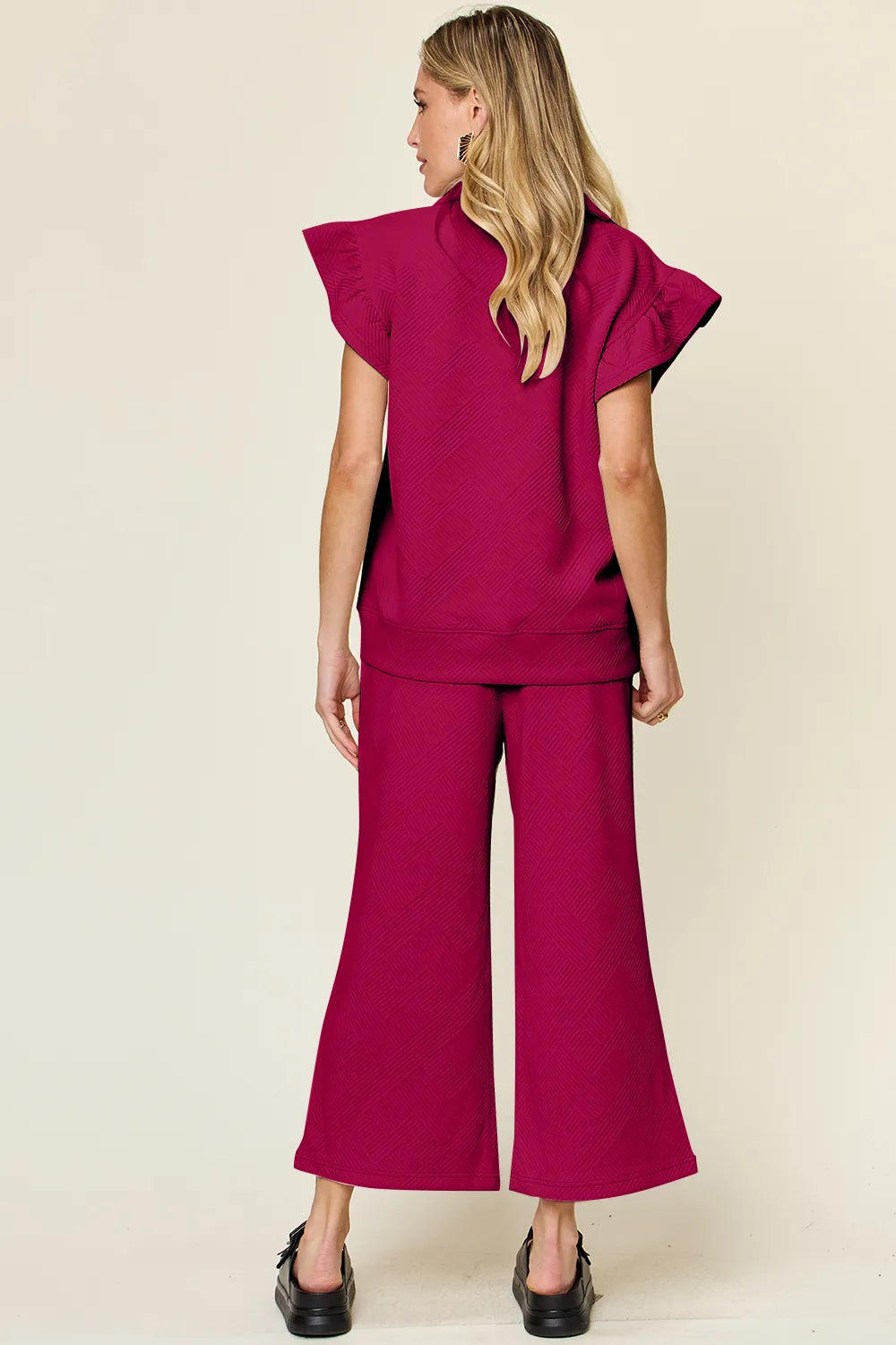 Double Take Texture Ruffle Short Sleeve Top and Drawstring Wide Leg Pants Set - kinko