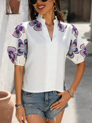Floral Print Notched Puff Sleeve Blouse - kinko