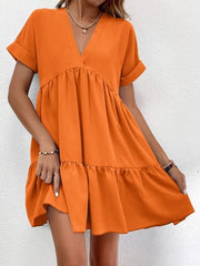New Short-sleeved V-neck Dress Summer Casual Sweet Ruffled Dresses Solid Color Holiday Beach Dress For Womens Clothing - kinko