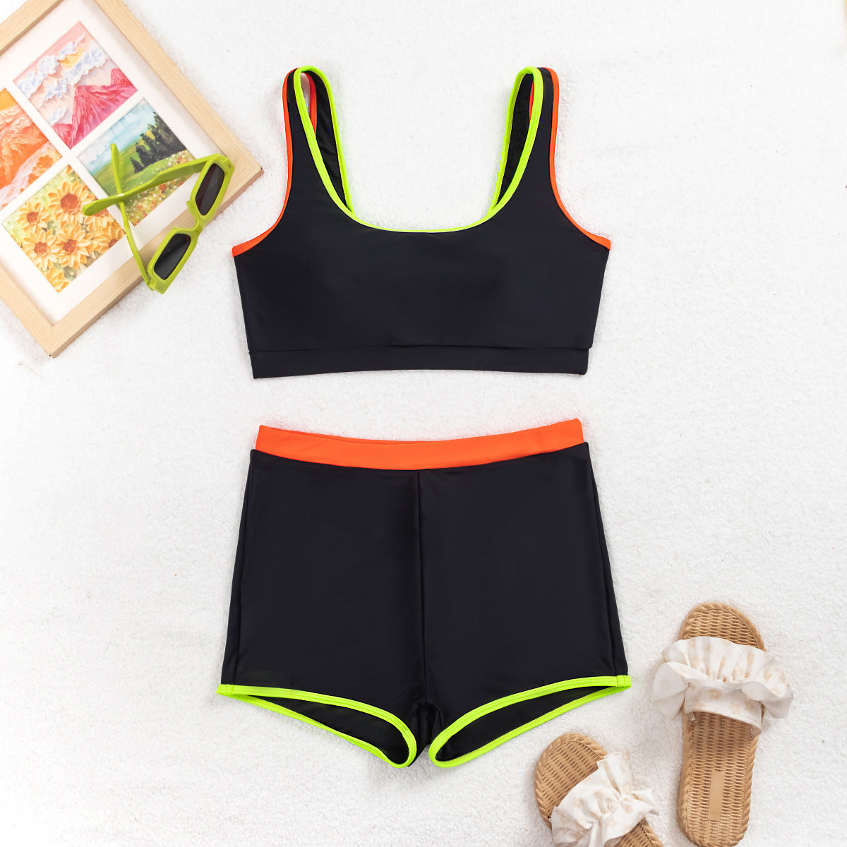 Solid Color Contrast Color Vest Boxers Bikini Split Swimsuit - kinko