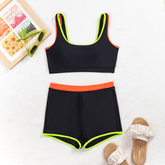 Solid Color Contrast Color Vest Boxers Bikini Split Swimsuit - kinko