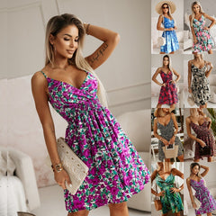 Fashion Flowers Print Suspender Dress Summer V-Neck Pleated Short Dresses For Beach Womens Clothing - kinko